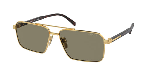 PRADA 0PR A57S sunglasses featuring a gold frame and green lenses for a stylish, luxury summer look.