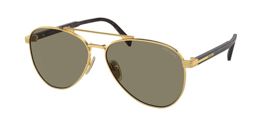 PRADA 0PR A58S sunglasses featuring a stylish gold frame and gray lenses, perfect for fashion-forward looks.