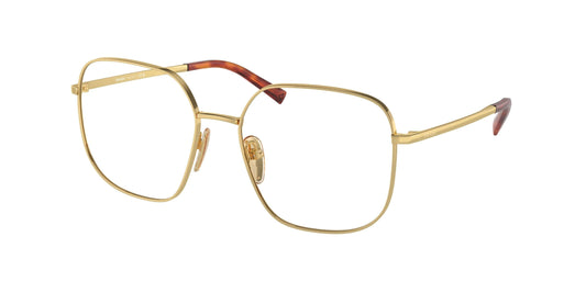 PRADA 0PR A59V eyeglasses featuring a chic gold frame and unique square design, perfect for stylish eyewear enthusiasts.