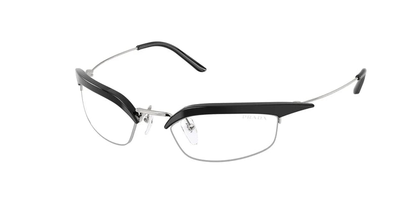 PRADA 0PR B50S eyeglasses featuring a sleek black and silver design for a chic and modern look.