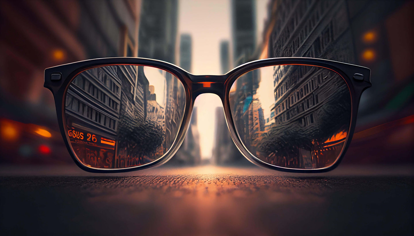 Glasses on the floor of a quite high street and large buildings in the background