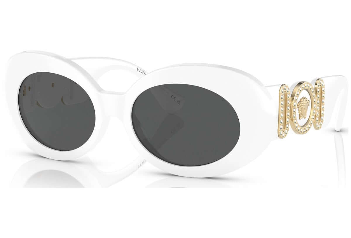 Versace 0VE4426BU white oversized sunglasses with gold accents and black lenses, stylish and luxurious eyewear.