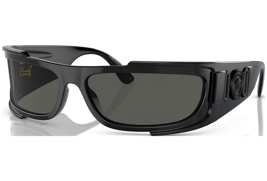 Versace 0VE4446 stylish black sunglasses with gray lenses, showcasing a modern design and luxury branding.