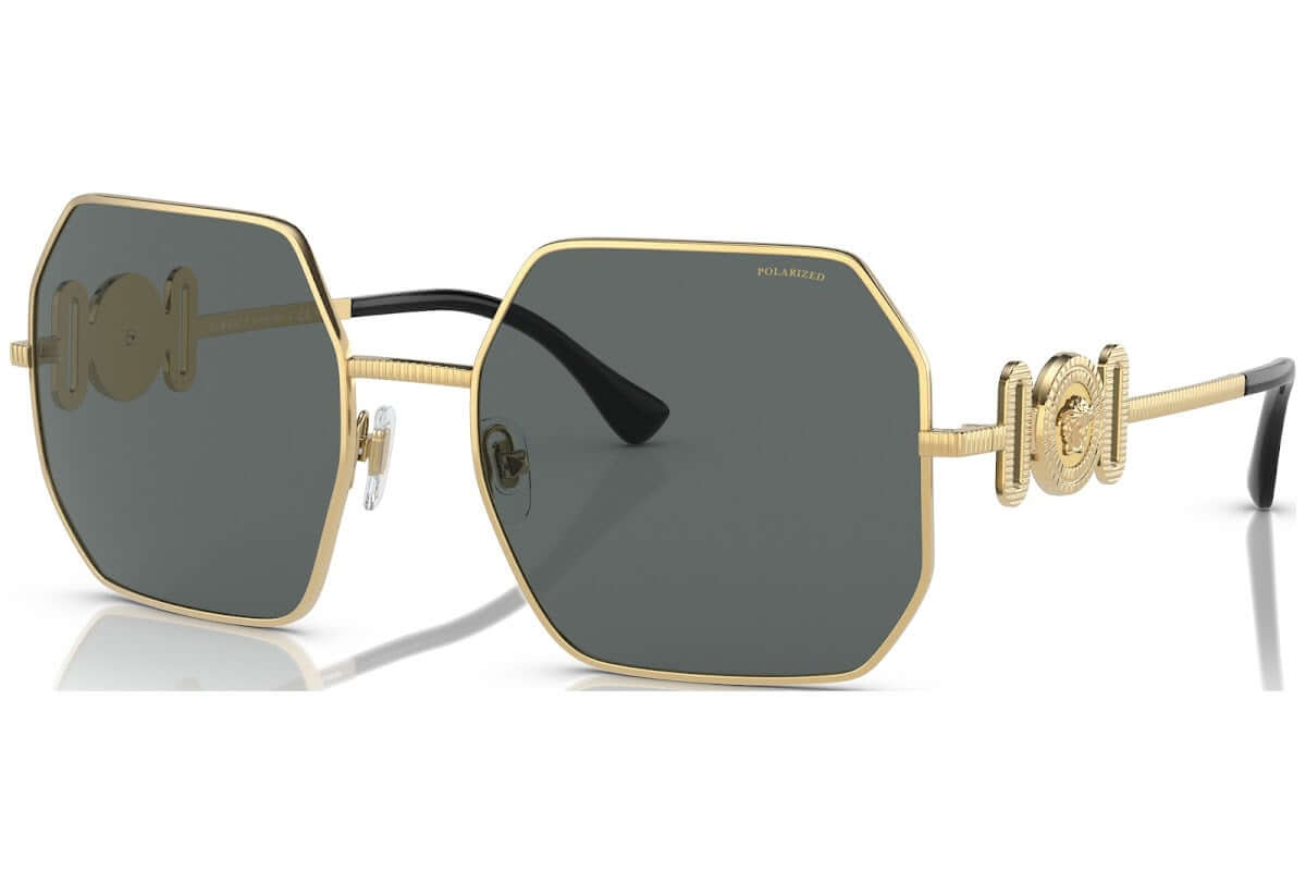 Versace 0VE2248 sunglasses featuring gold hexagonal frame and dark lenses, ideal for stylish sun protection.