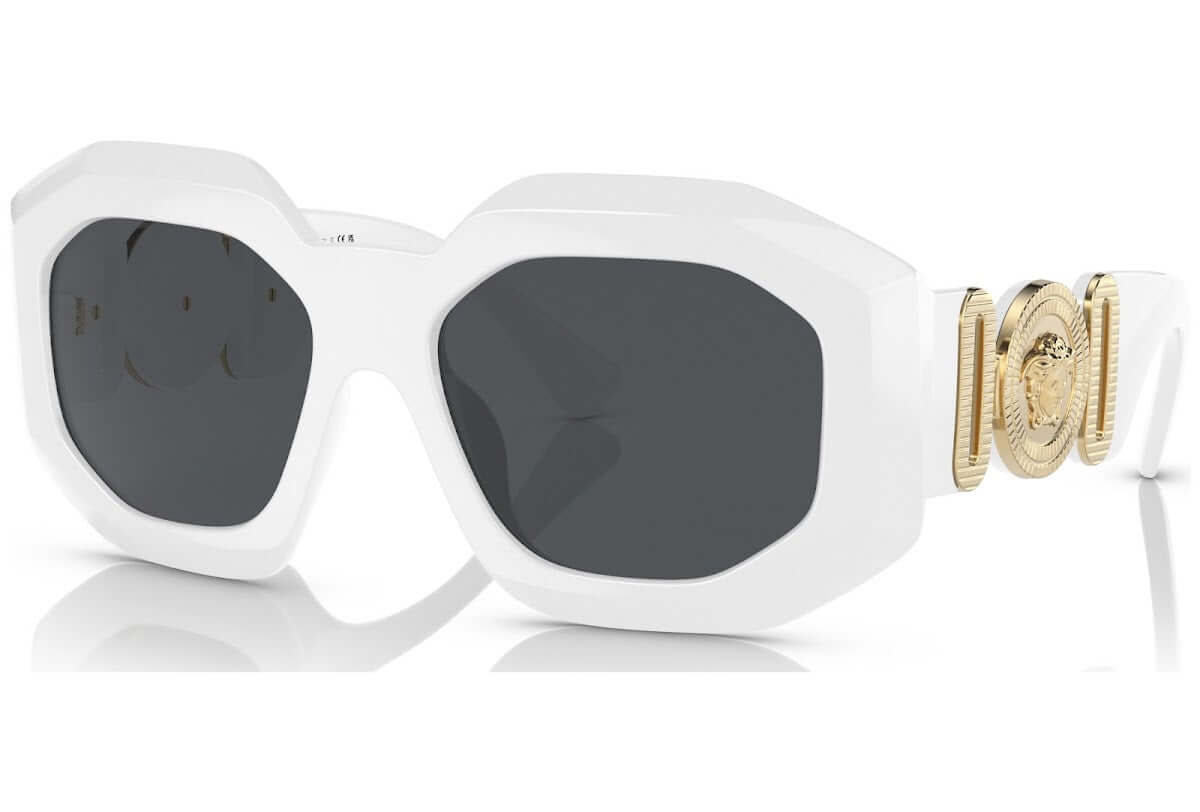 Versace 0VE4424U white oversized sunglasses with gold detailing and dark lenses, perfect for a stylish summer look.