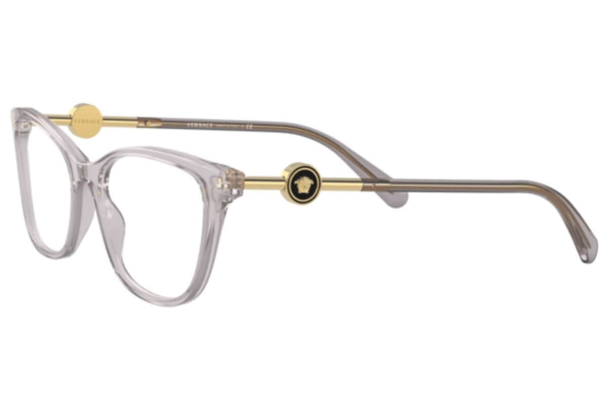 Versace 0VE3293 transparent eyewear with gold accents and logo detail, stylish and modern designer glasses.