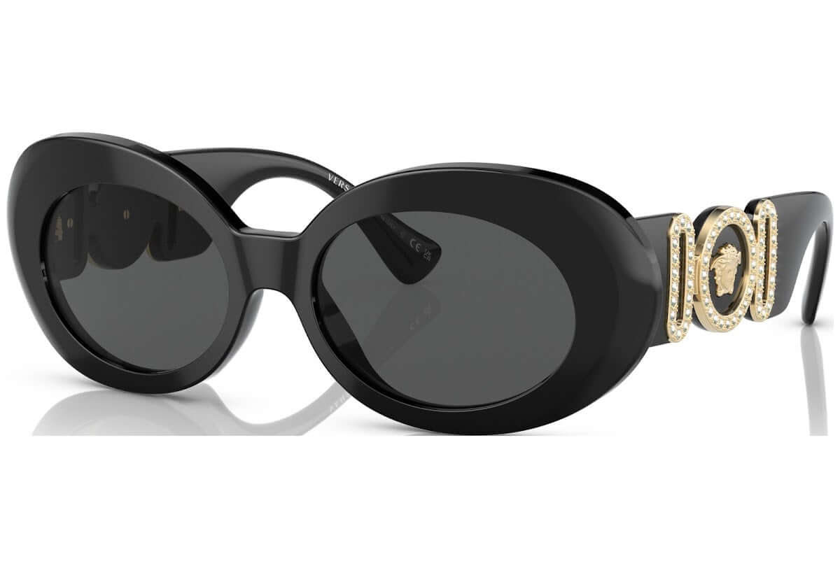 Versace 0VE4426BU sunglasses featuring a bold black frame and iconic gold emblem for a stylish look.