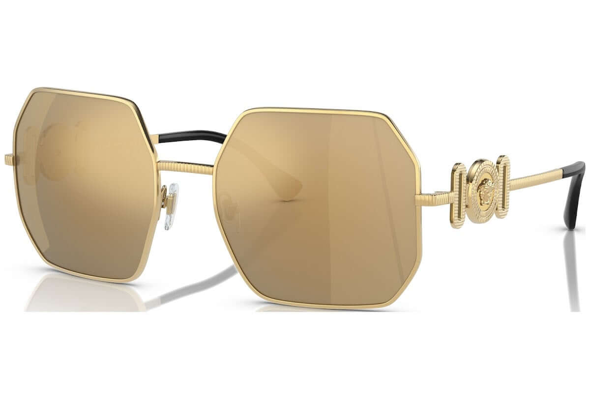 Versace 0VE2248 gold octagonal sunglasses with brown lenses, featuring stylish embossed detailing on the temples.