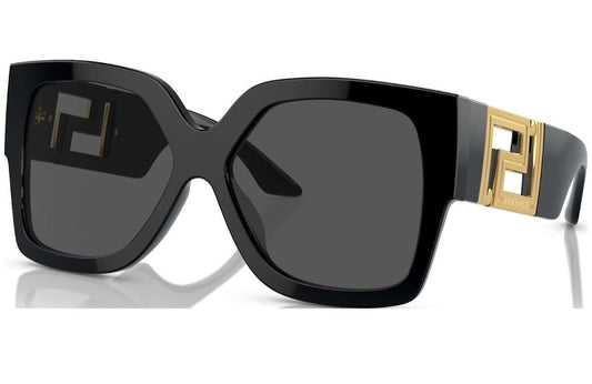 Versace 0VE4402 oversized black sunglasses with gold logo detail and dark lenses for a chic look.