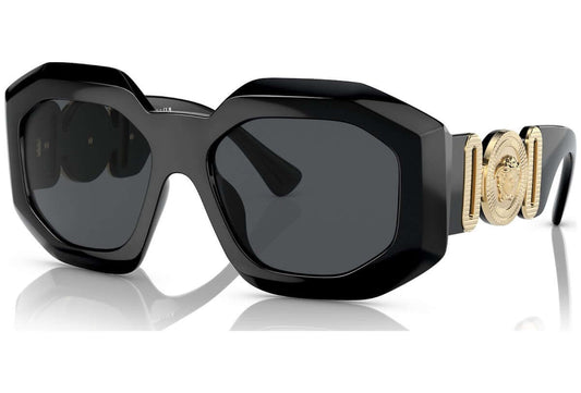 Versace 0VE4424U oversized black sunglasses with gold logo detail and dark lenses, perfect for stylish sun protection.