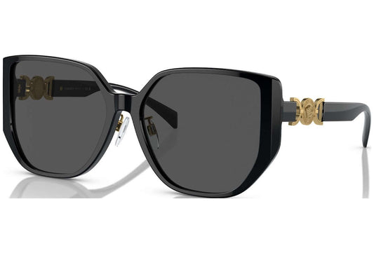 Versace 0VE4449D black oversized sunglasses with gold logo detailing, stylish and modern eyewear accessory.