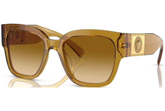 Versace 0VE4437U sunglasses in amber color, featuring bold square frames and iconic logo on the temples. Stylish eyewear choice.