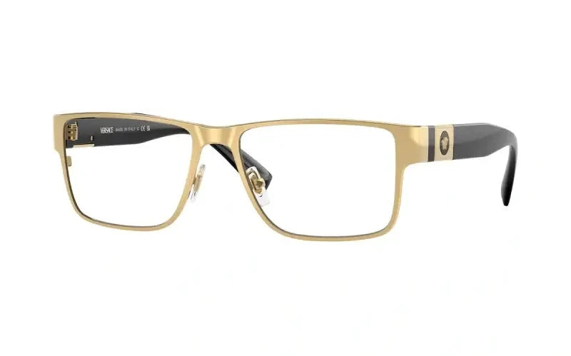 Versace VE1274 stylish eyeglasses in gold and black, featuring a modern square frame design and luxury branding.