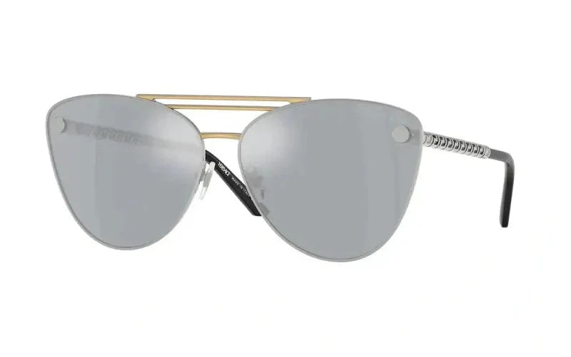 Versace VE2267 sunglasses featuring silver mirrored lenses and stylish cat-eye design with gold accents.