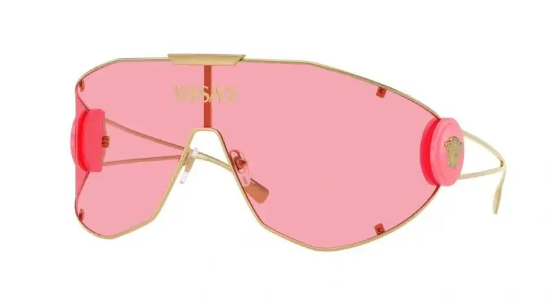 Versace VE2268 sunglasses with pink lenses and gold frame, featuring signature logo and bold design for stylish eyewear.