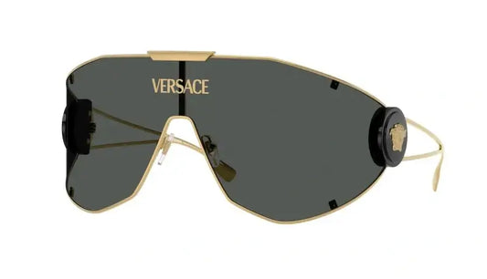 Versace VE2268 stylish sunglasses with gold frame and dark lenses, featuring iconic Medusa logo.