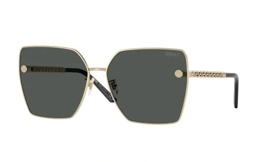 Versace 0VE2270D sunglasses featuring a bold square design with black lenses and gold accents. Stylish eyewear for a chic look.