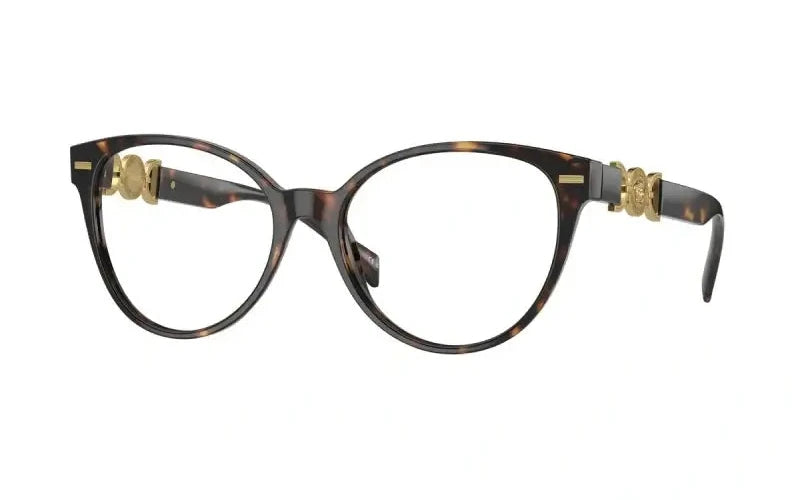 Versace VE3334 stylish cat-eye glasses in tortoiseshell with gold accents for a chic look.