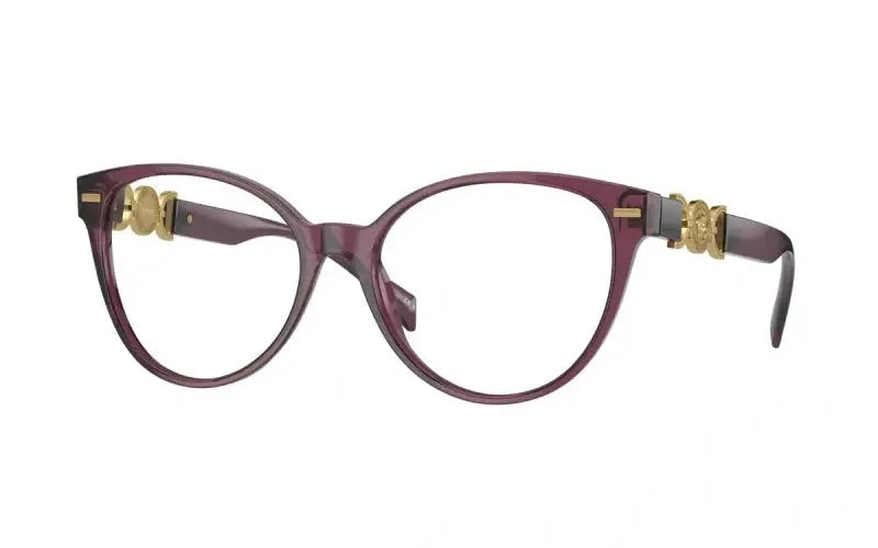 Versace VE3334 glasses featuring a stylish burgundy frame and ornate gold detailing for a chic look.