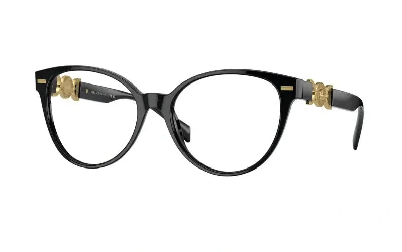 Versace VE3334 black cat-eye glasses with gold accents, stylish designer eyewear for a sophisticated look.