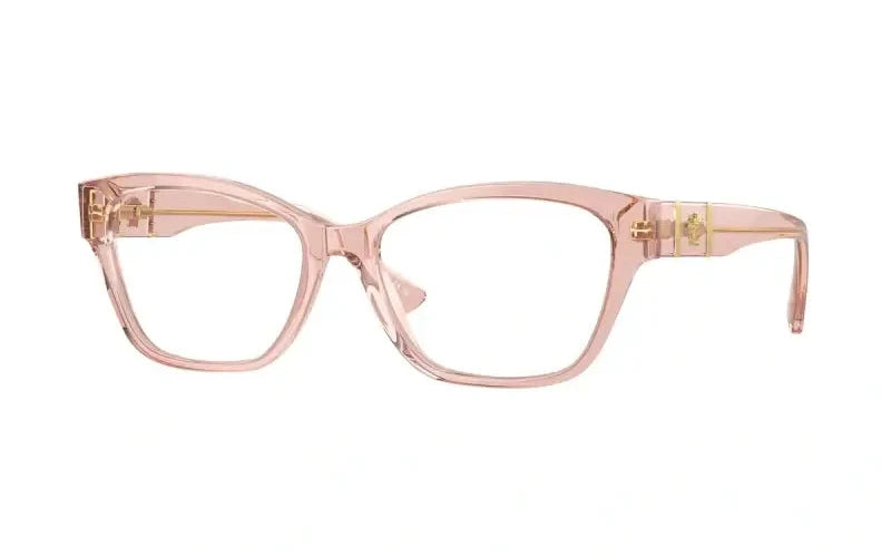 Stylish VERSACE 0VE3344 pink transparent cat-eye glasses with elegant gold detailing for a chic look.