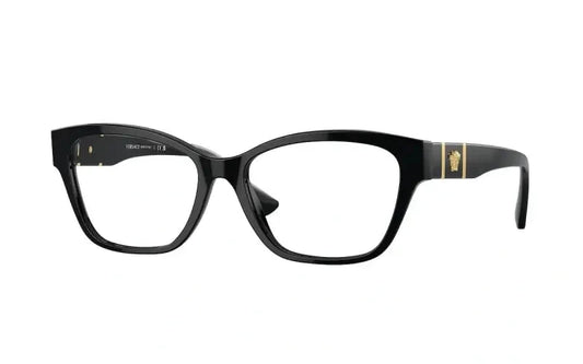 Versace 0VE3344 stylish black cat-eye glasses with gold detailing, perfect for fashion-forward eyewear lovers.