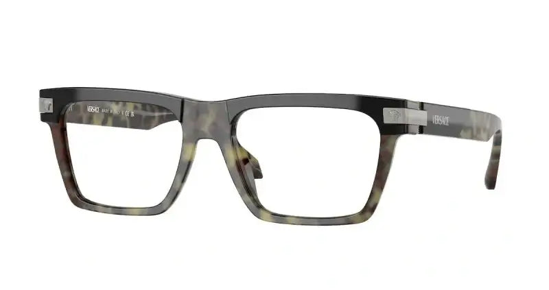 Versace VE3354 eyeglasses in stylish black and gray tortoiseshell design with modern rectangular shape.