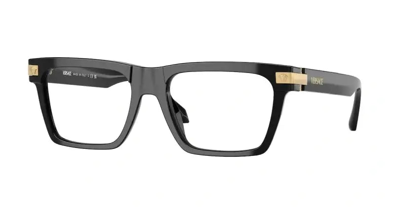 Versace VE3354 black eyeglasses with gold accents, showcasing modern elegance and luxury in eyewear design.