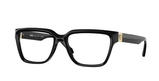 Versace 0VE3357 stylish black eyeglasses with gold detailing for a modern, sophisticated look.