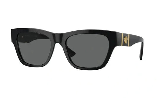 Versace 0VE4457 black sunglasses with gold detailing, stylish and bold eyewear for ultimate fashion statement.