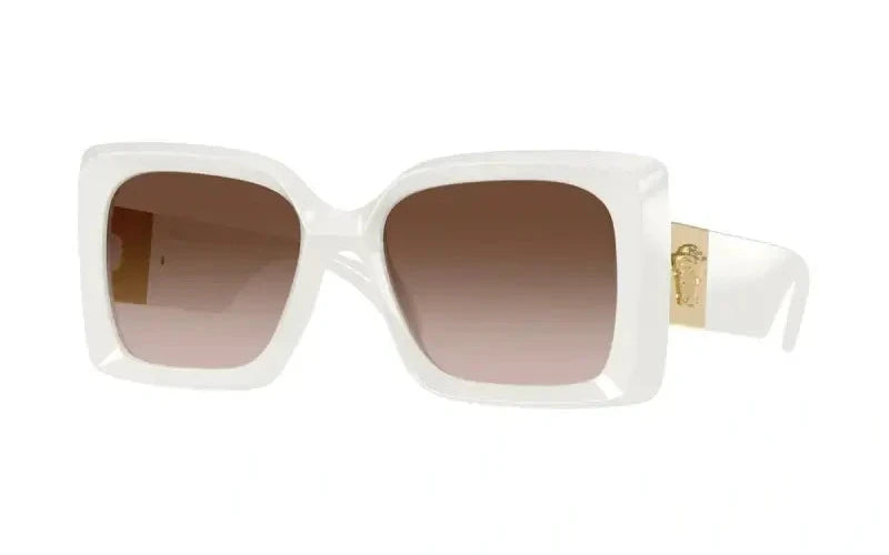 Versace 0VE4467U oversized white sunglasses with gradient lenses and gold logo detail.