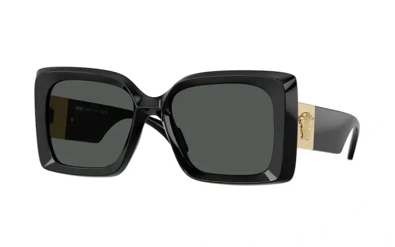 Versace 0VE4467U oversized black sunglasses with gold detailing, stylish and luxurious eyewear for fashion enthusiasts.