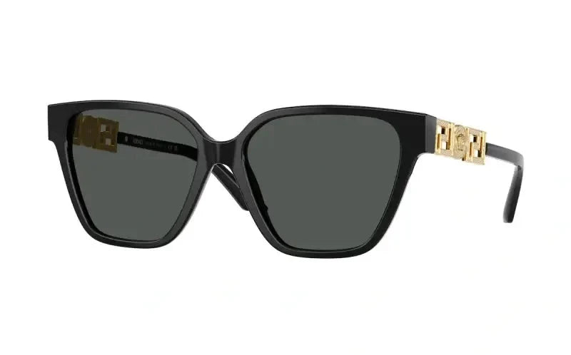 Versace 0VE4471B black oversized sunglasses with gold logo detail and dark lenses. Stylish and modern eyewear accessory.