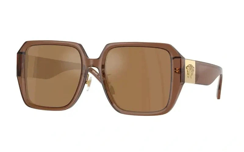 Versace 0VE4472D oversized brown sunglasses with gold logo accents, stylish and modern eyewear.