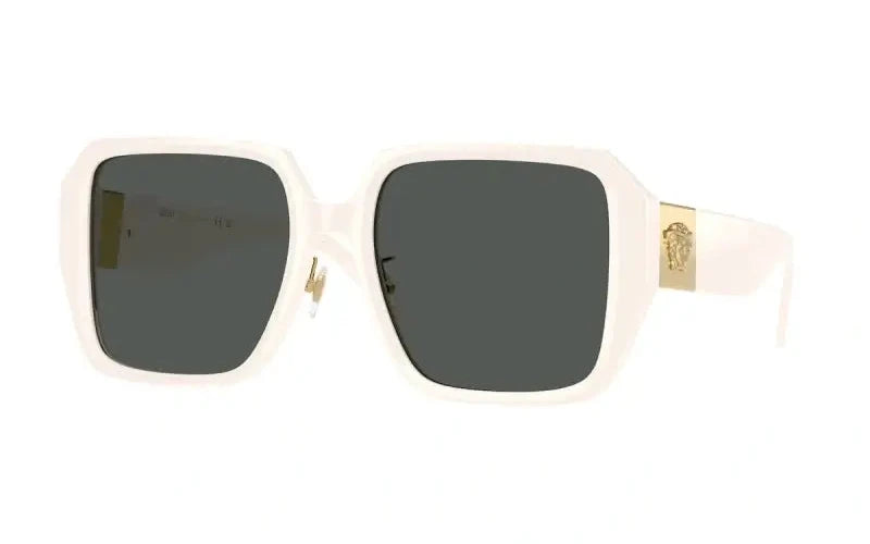 Versace 0VE4472D sunglasses in white with dark lenses and gold logo detail, stylish and modern eyewear.