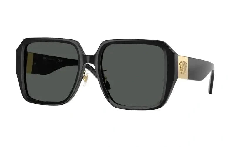 Versace 0VE4472D sunglasses, stylish oversized black frames with gold detailing and green lenses.